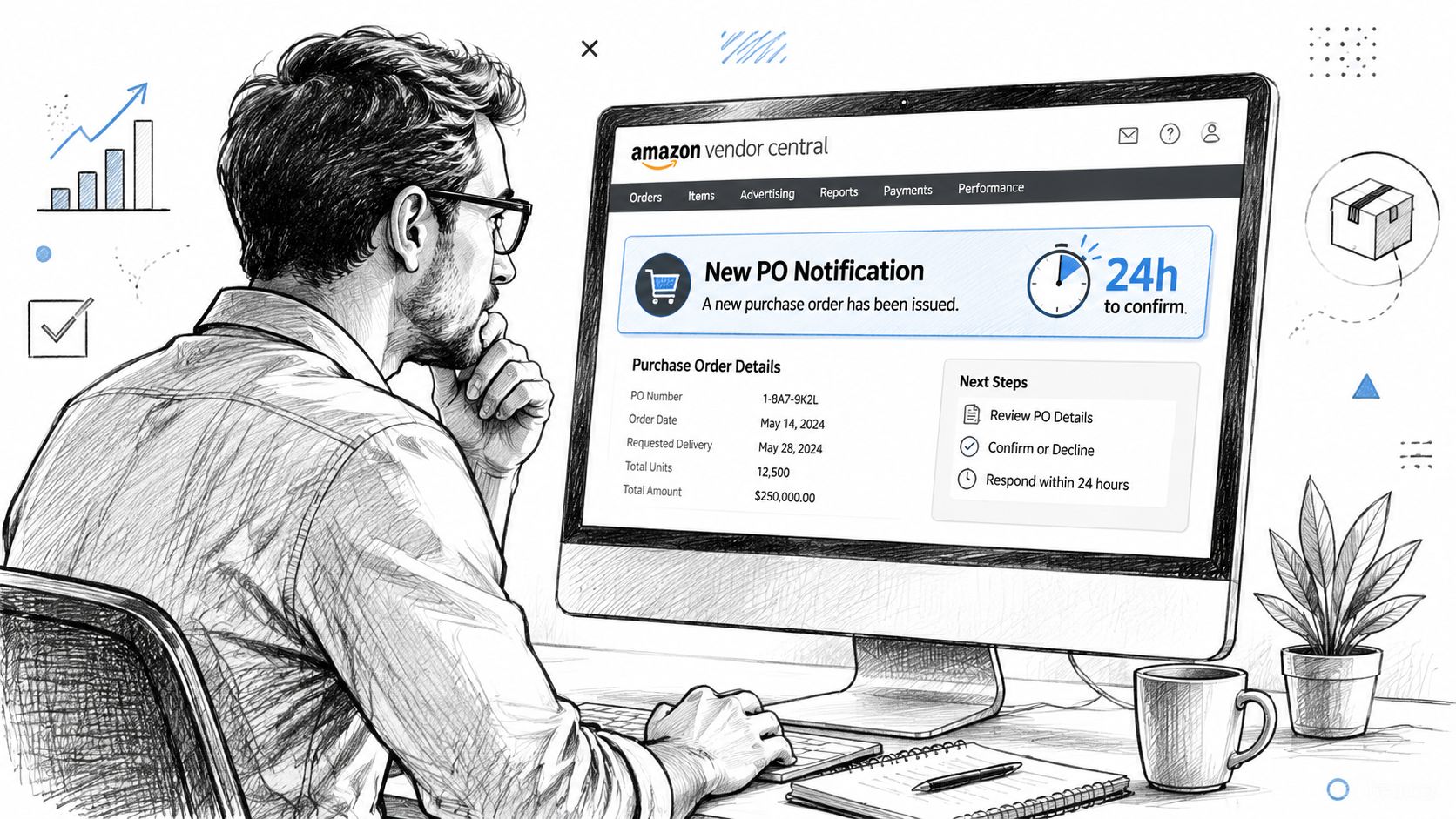 A professional man reviewing a new purchase order notification on his computer screen in Vendor Central.
