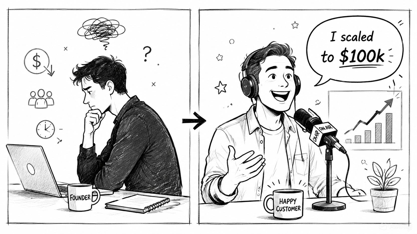 A split image showing a stressed founder working on a laptop transforming into a successful podcaster.