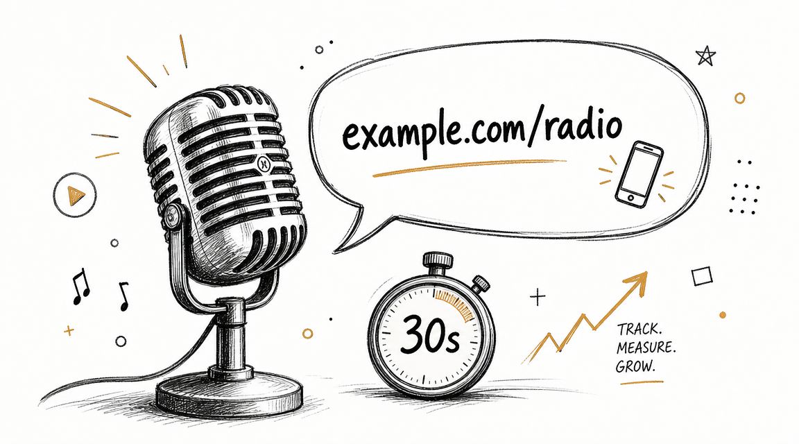 A hand-drawn sketch of a vintage microphone, a stopwatch, and a smartphone promoting radio advertising services online.