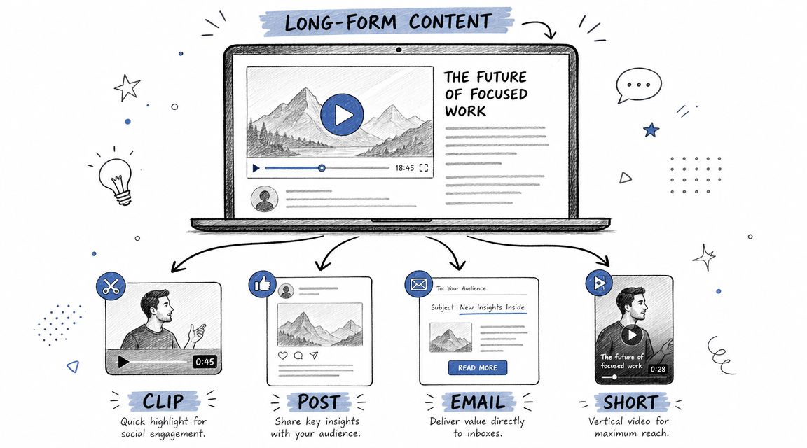 A hand-drawn illustration showing how to repurpose long-form video content into clips, social posts, emails, and shorts.