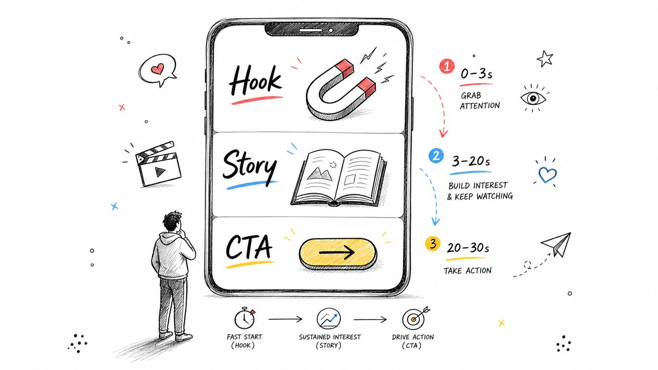 An infographic showing a three-part video framework: Hook, Story, and CTA for social media content strategy.