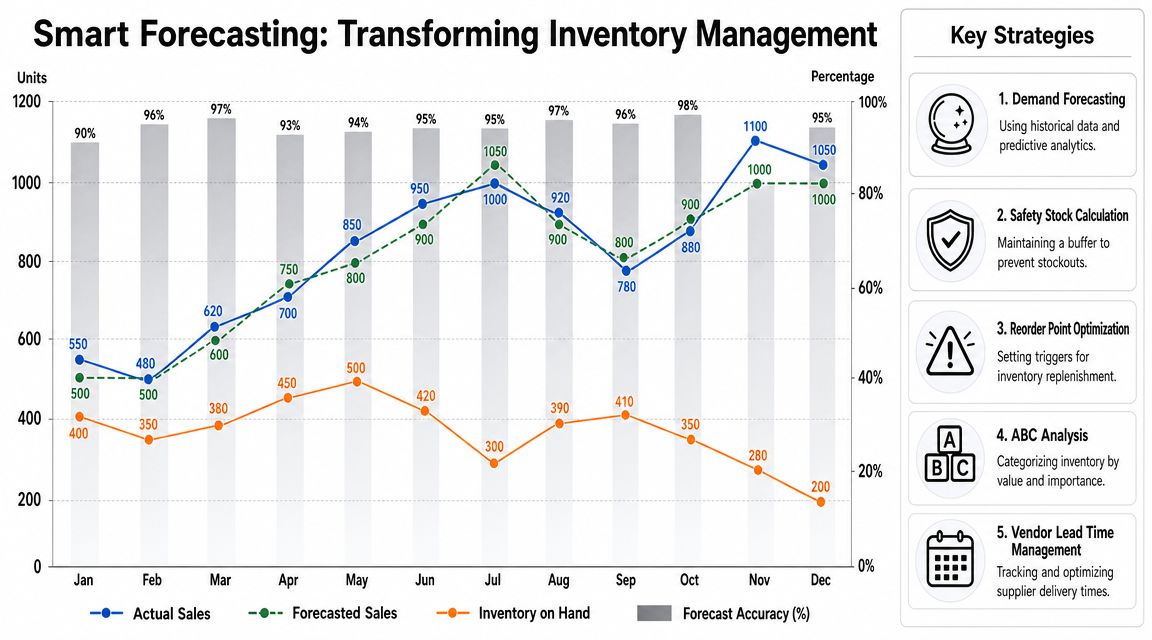 A chart showing smart forecasting data including actual sales, forecasted sales, inventory levels, and accuracy percentages.