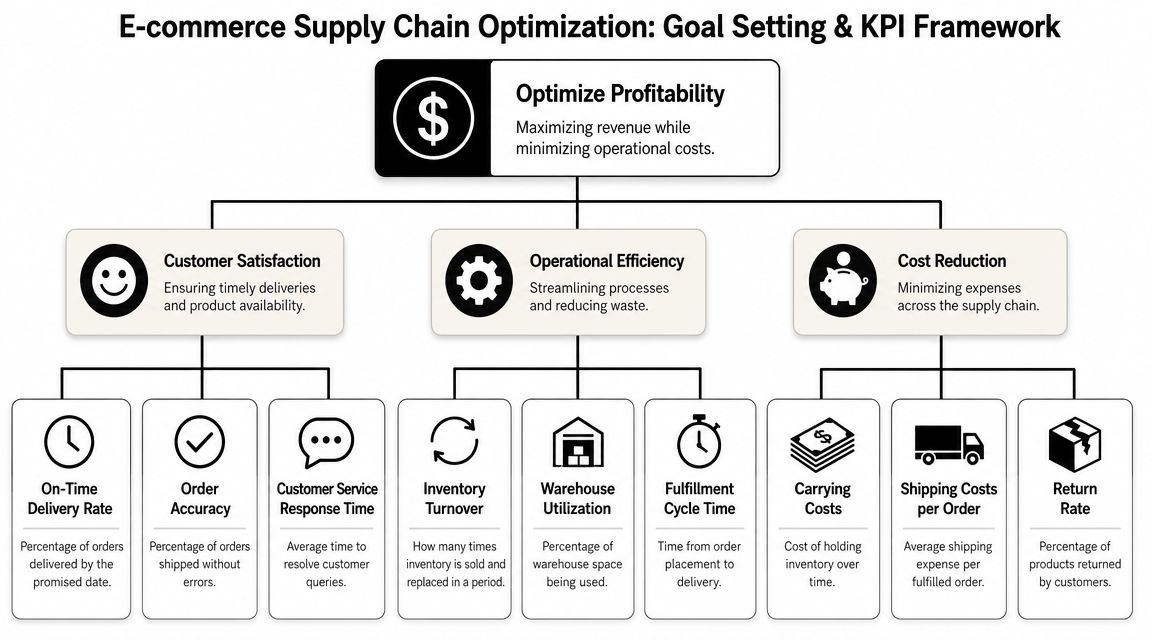A diagram illustrating the E-commerce Supply Chain Optimization framework with goals and key performance indicators.