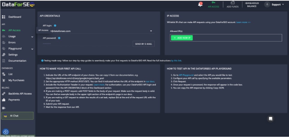 jpeg - EntreResource.com DataForSEO dashboard screen showing API Credentials with login/email/password fields, IP Access with Allowed IPs and Add New IP, side navigation, and 'how to' guides for API calls.