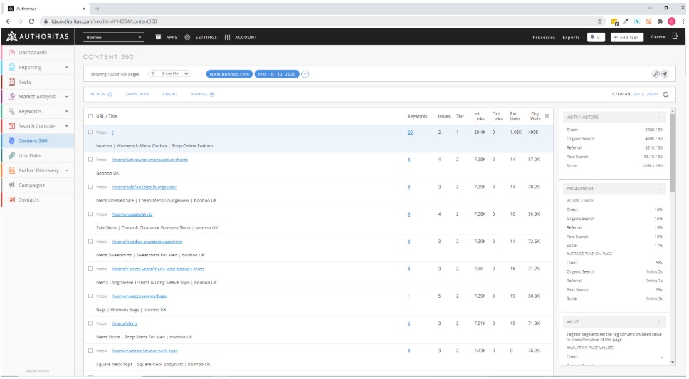 jpeg - EntreResource.com Screenshot of Authority's Content 360 dashboard showing a list of URLs with metrics, left navigation menu, and right-side analytics panels.