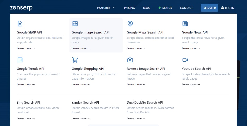 jpeg - EntreResource.com UI screenshot of an API catalog modal showing cards for Google SERP, Image Search, Maps, News, Trends, Shopping, Reverse Image Search, YouTube, and other search APIs.