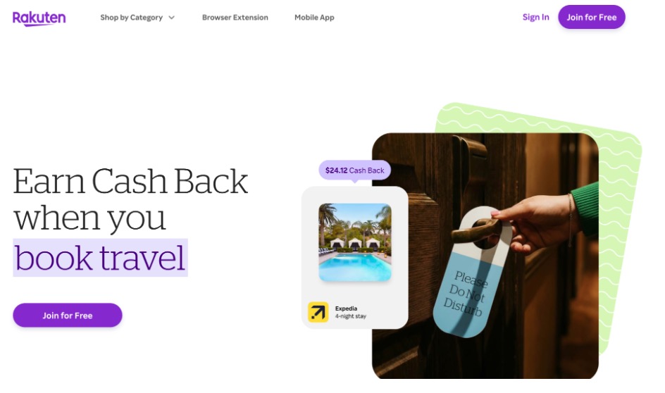 jpeg - EntreResource.com Hero banner offering cash back when you book travel, with travel-related visuals including a door handle and 'Do Not Disturb' sign nearby