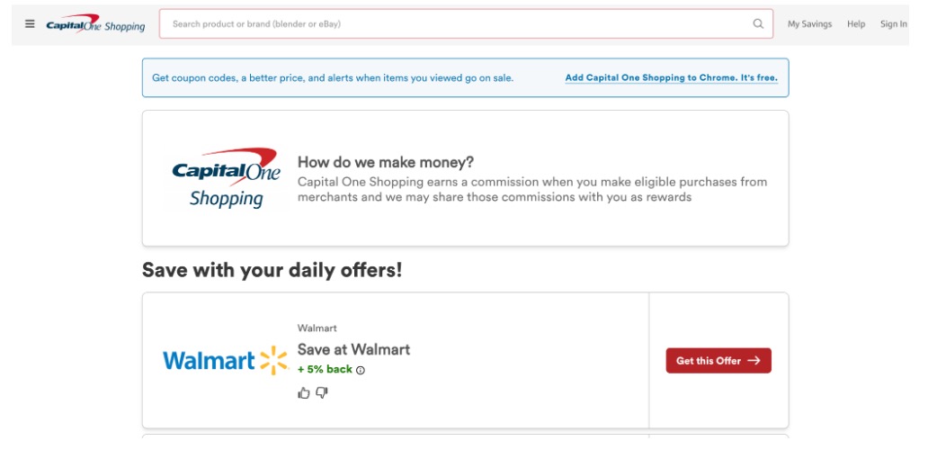 jpeg - EntreResource.com Capital One Shopping page showing a 'How do we make money?' banner and a Walmart 'Save at Walmart' offer card with a red 'Get this Offer' button.
