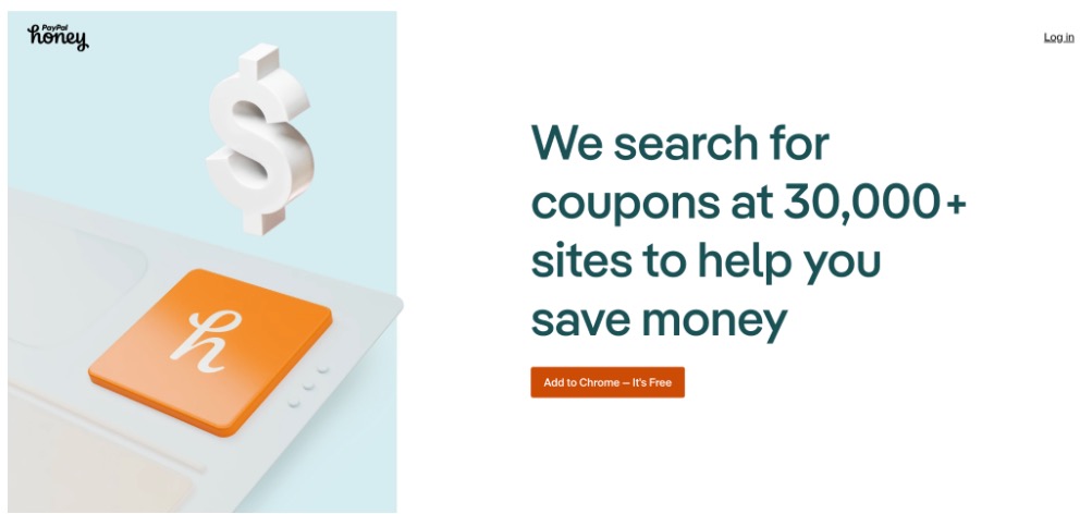 jpeg - EntreResource.com Hero banner with Honey logo and a 3D dollar sign over a keyboard on the left; right side shows the message about saving money with coupons and an 'Add to Chrome' button.