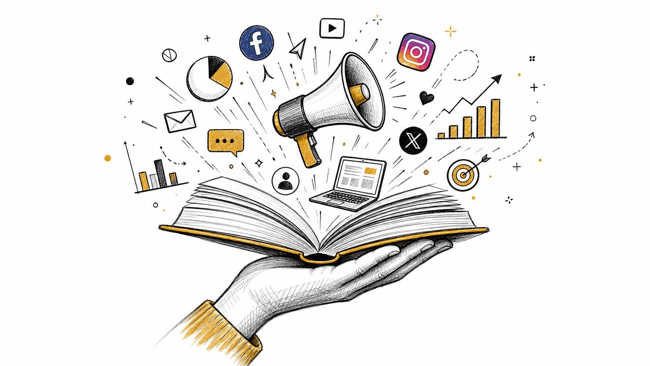 A hand holds an open book with marketing icons and a megaphone emerging, symbolizing digital publishing strategies.
