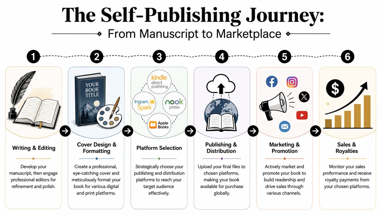 An infographic showing the six steps of the self-publishing journey from writing to receiving royalty payments.