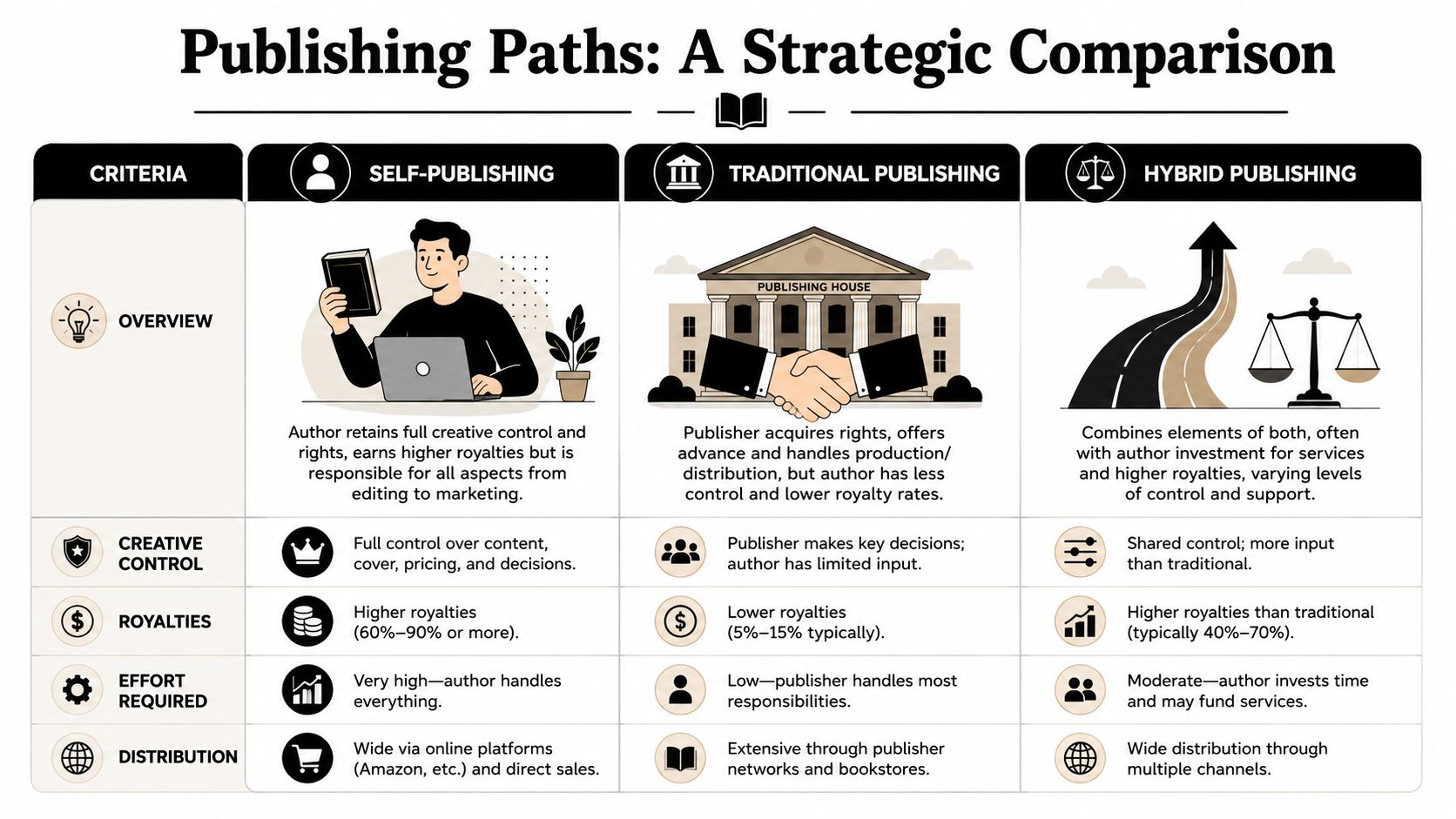 A comparison chart outlining the differences between self-publishing, traditional publishing, and hybrid publishing models for authors.