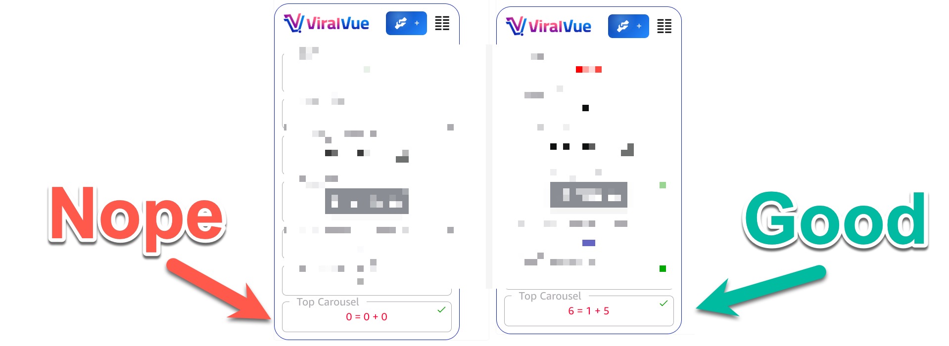 jpeg - EntreResource.com Side-by-side smartphone screens labeled Nope and Good, illustrating improper vs proper ALT text. Left shows 'Top Carousel 0 = 0 + 0'; right shows 'Top Carousel 6 = 1 + 5' with a checkmark.