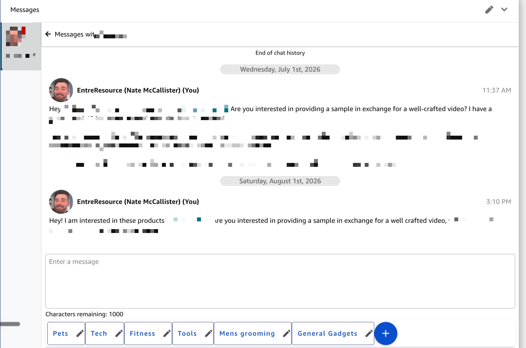 jpeg - EntreResource.com Screenshot of a messaging app showing a chat with EntreResource (Nate McCallister) and date markers (End of chat history; Wednesday, July 1st, 2026; Saturday, August 1st, 2026) with sample messages and a text input area below, indicating a conversation history view.