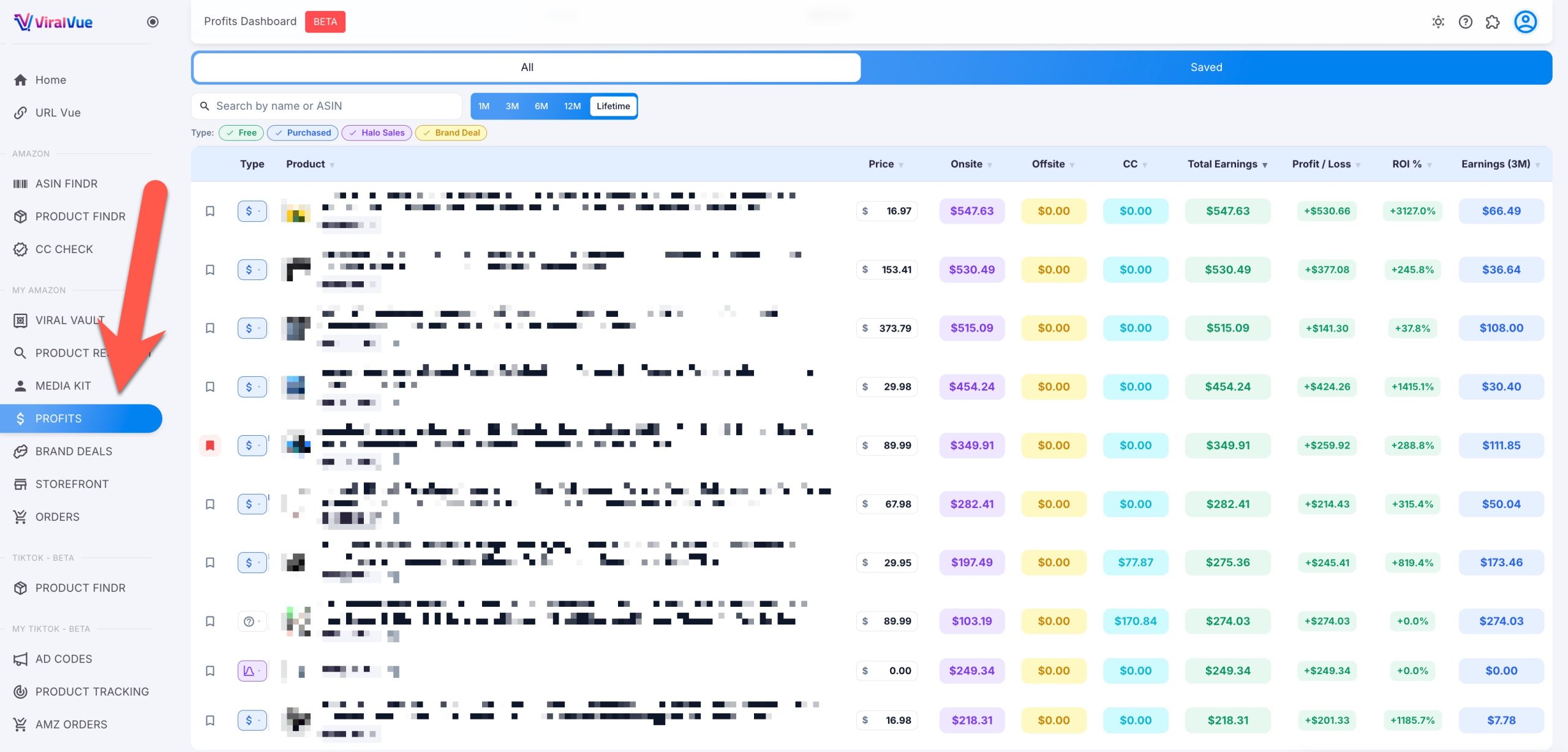 jpeg - EntreResource.com Screenshot of ViralVue dashboard showing the Profits section highlighted in the left nav and a multi-column product table on the main pane.