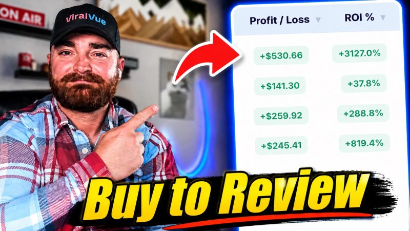 jpeg - EntreResource.com Bearded man in a plaid shirt and viralVue cap points at a display showing Profit/Loss and ROI numbers with a bold 'Buy to Review' banner across the bottom.