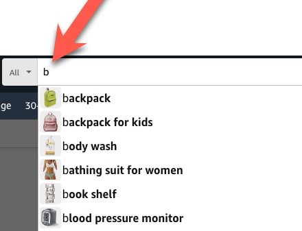 jpeg - EntreResource.com Autocomplete search suggestions dropdown showing product names such as backpack, backpack for kids, body wash, bathing suit for women, book shelf, blood pressure monitor, blackout curtains, trending backpacks, ergonomic backpacks for kids, and fragrance-free body wash.