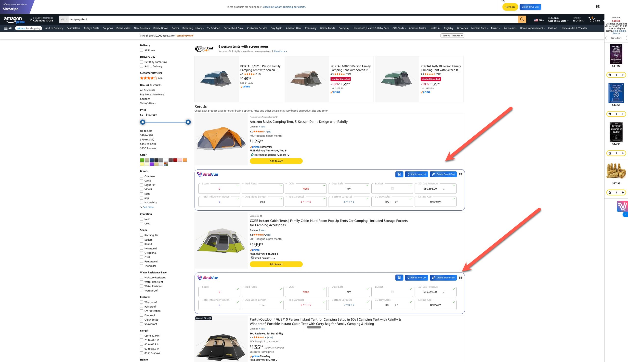 jpeg - EntreResource.com Amazon search results page for camping tents showing product tiles, filters on the left, and a highlighted product area in the center.