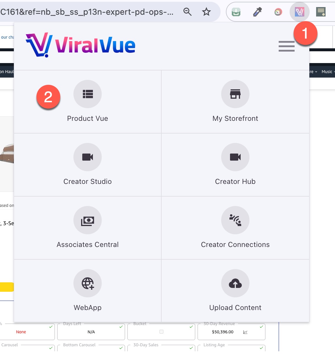 - EntreResource.com ViralVue popup menu showing eight tiles: Product Vue, My Storefront, Creator Studio, Creator Hub, Associates Central, Creator Connections, WebApp, Upload Content.