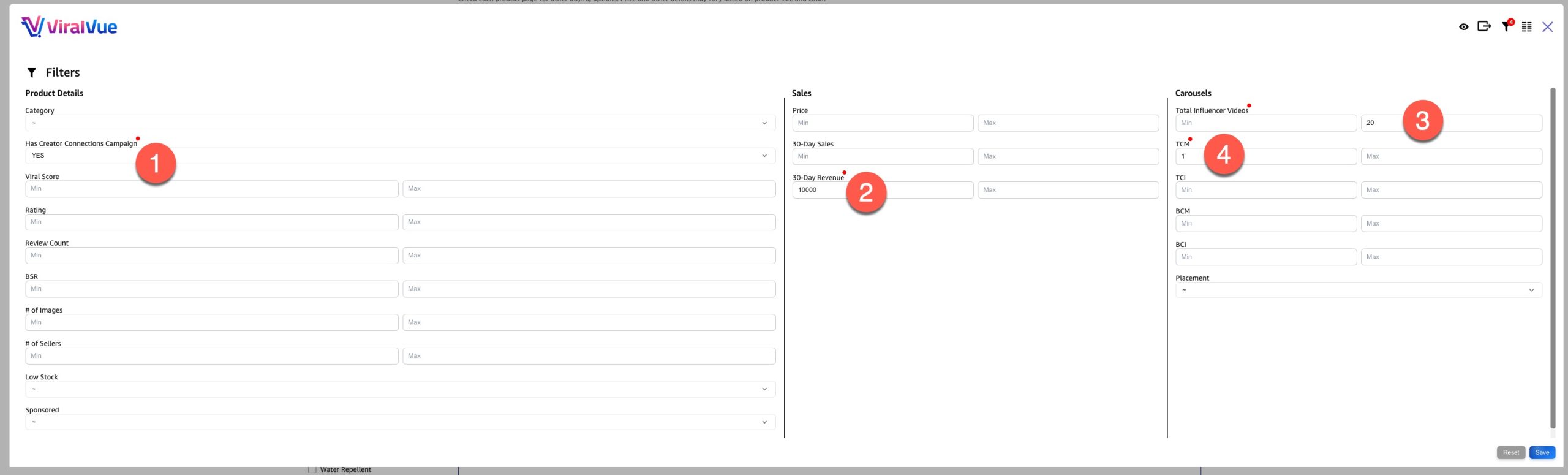 jpeg - EntreResource.com Screenshot of ViralVue filter panel with three columns: Product Details (left), Sales (center), Carousels (right) and multiple input fields for ranges and counts.