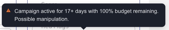 - EntreResource.com Warning banner indicating potential manipulation: 'Campaign active for 17+ days with 100% budget remaining. Possible manipulation.'