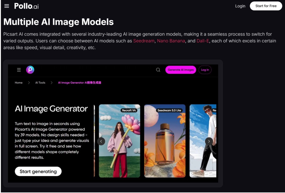 jpeg - EntreResource.com Pollo.ai page header 'Multiple AI Image Models' with a device mockup showing the AI Image Generator and sample cards.