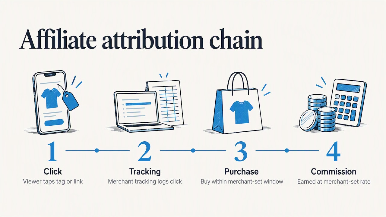 Affiliate click, purchase, and commission flow