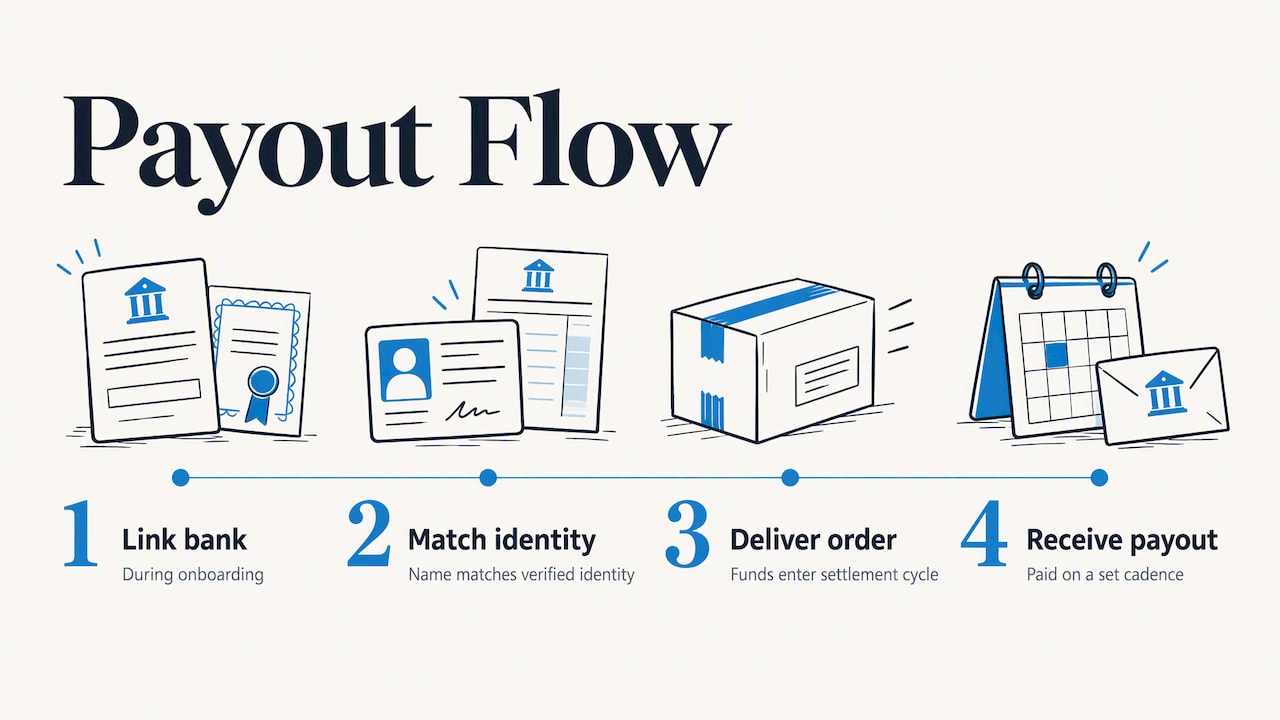 How do payments, payouts, and fees work? — overview diagram