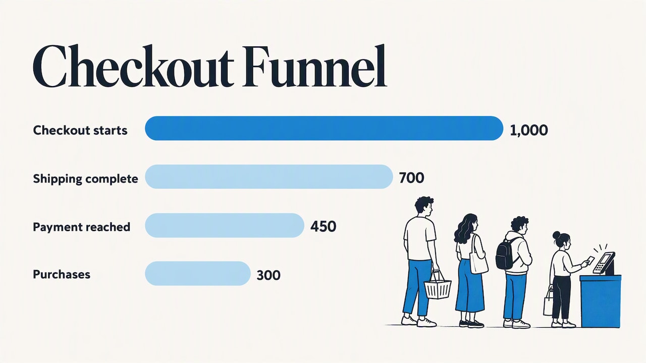 Checkout funnel with stage counts and drop-offs
