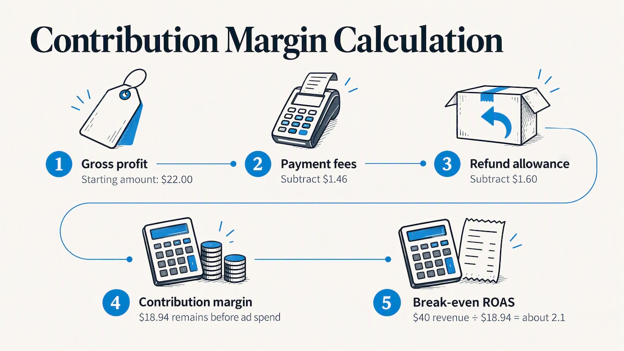 Contribution margin and break-even ROAS calculation